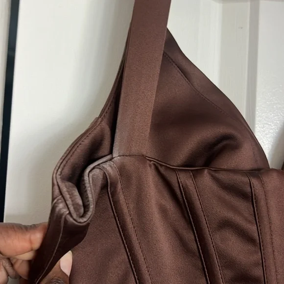 House of CB Faye Satin Pleated Corset Mini Dress in Chocolate Brown Dress Size M - Picture 10 of 14